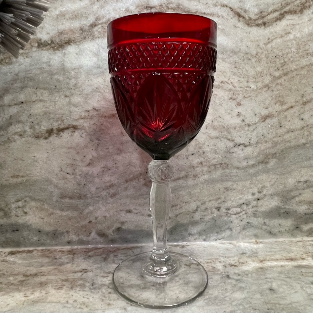 VTG Cristal d'Arques Antique Ruby Red 8" Water Goblet | Diamond Ball Stem